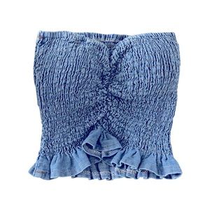NWT S/M padded denim crop top elastcated boob tube frill ruffle bottom
